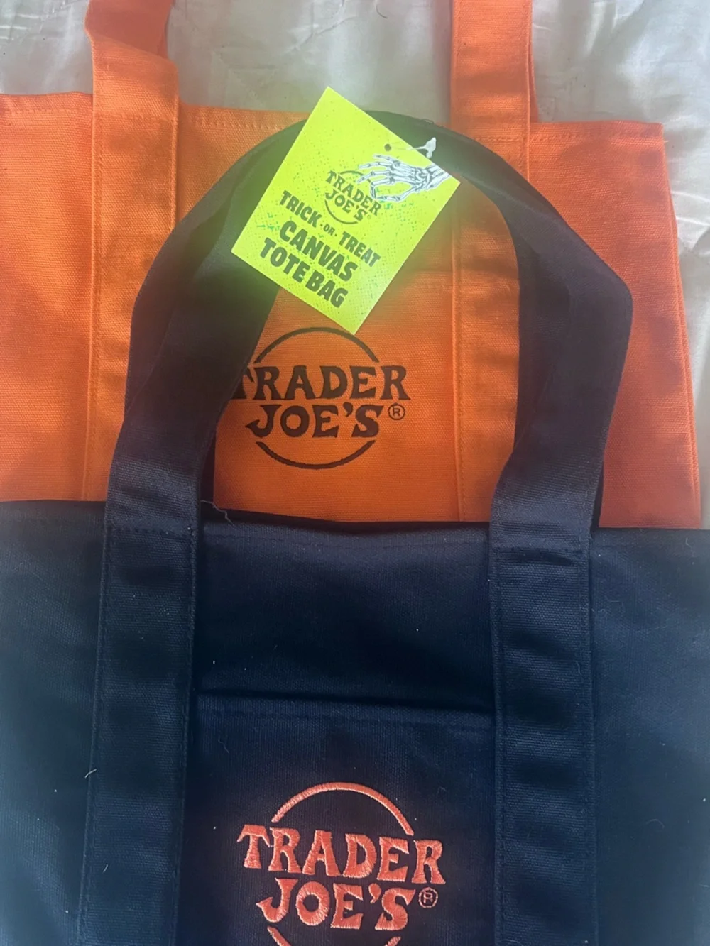 NWT set of 2 Trader Joe's Orange and Black Reusable Grocery Tote Bags. Halloween